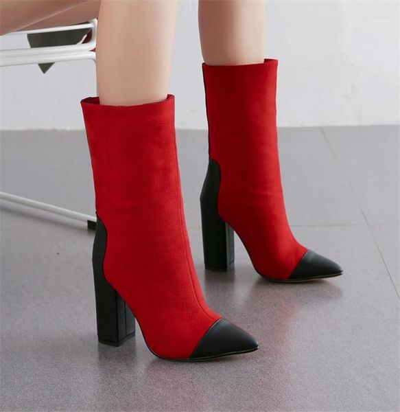 

pxelena european women mid calf boots patchwork block thick high heels slip on ladies winter shoes point toe plus size drop ship1, Black