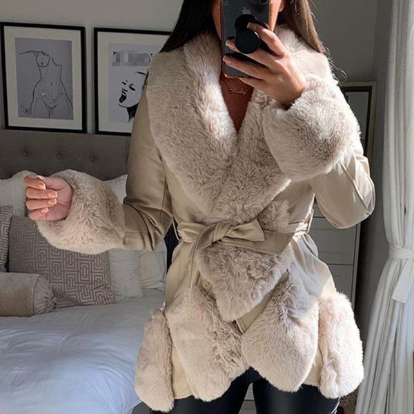 

malina fashion autumn winter solid jackets women elegant faux fur collar coats women tie belt slim jackets ladies, Black