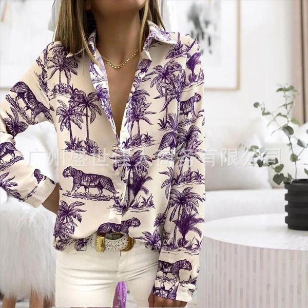 

2021 autumn fashion casual tiger print shirt blouse women turn down collar long sleeve coconut tree loose blouse blusas de mujer, White