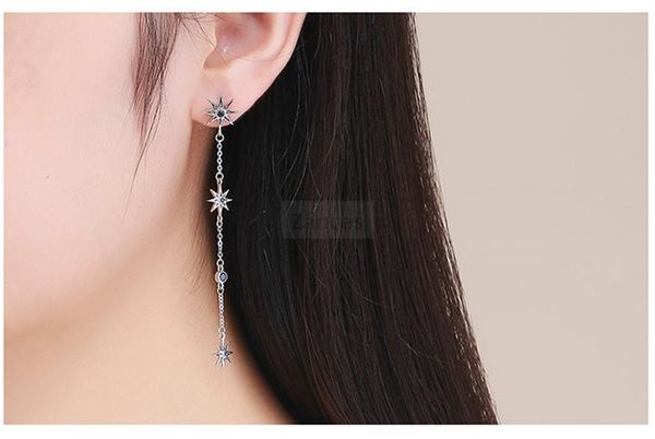 

temperament s925 sterling silver sparkle star tassel earrings clear zircon long chain drop earrings for women, Golden