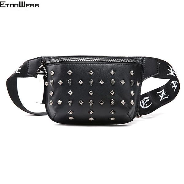 

fashion rivet men waist bag black pu leather chest bag small rock belt pillow women crossbody bags skull waist pack male