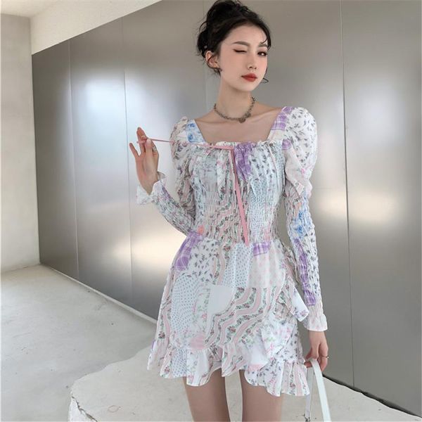 

2021 spring new women long sleeve floral mini dress splice ruffles pleated slim casual party night club dresses female, Black;gray