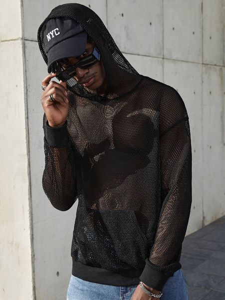 

men drop shoulder fish net hoodie g0rs#, Black