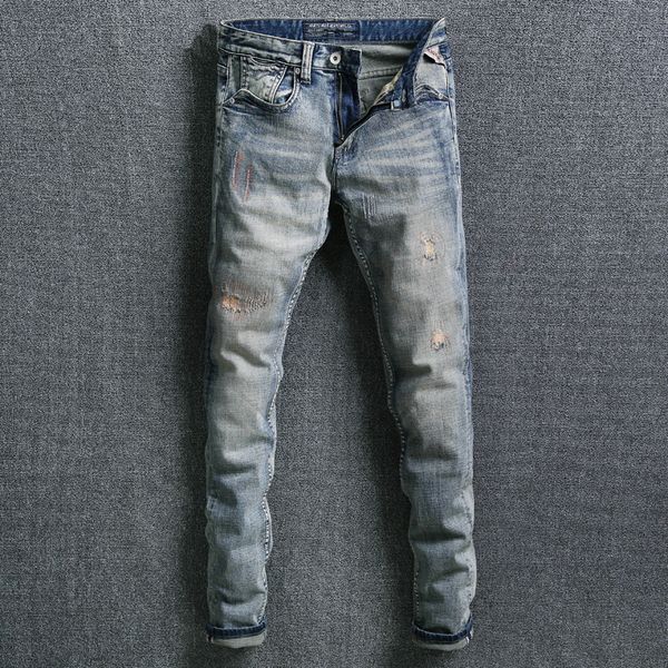 

2021 new italian style fashion retro blue slim fit ripped men denim pants vintage designer hip hop cwyc
