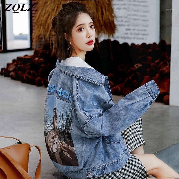 

zqlz autumn denim jacket women 2020 new harajuku vintage loose short jeans coat female print casual spring jean coats mujer1, Black;brown