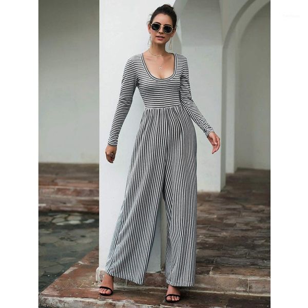 

women casual striped jumpsuit summer u-neck long sleeve jumpsuits wide leg pants overalls xl size gray1, Black;white