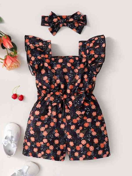 

baby floral print ruffle trim belted romper with headband she, Blue