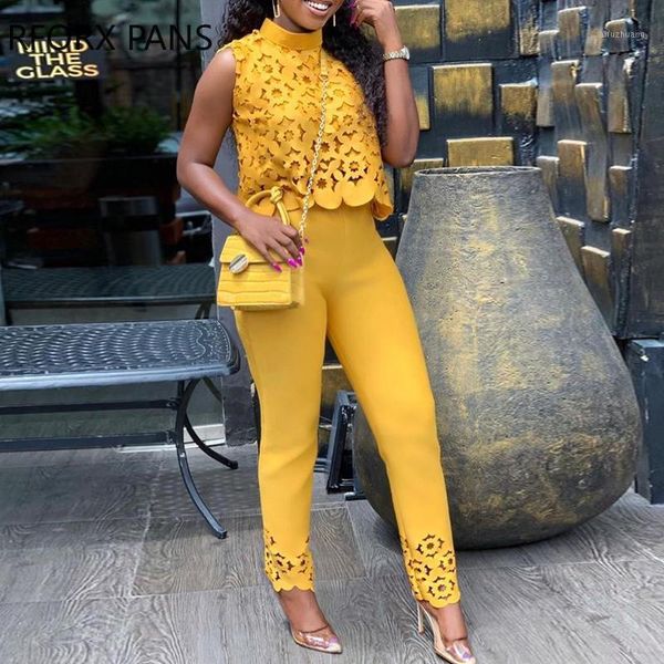 

high neck lace hollow out & pants set1, White