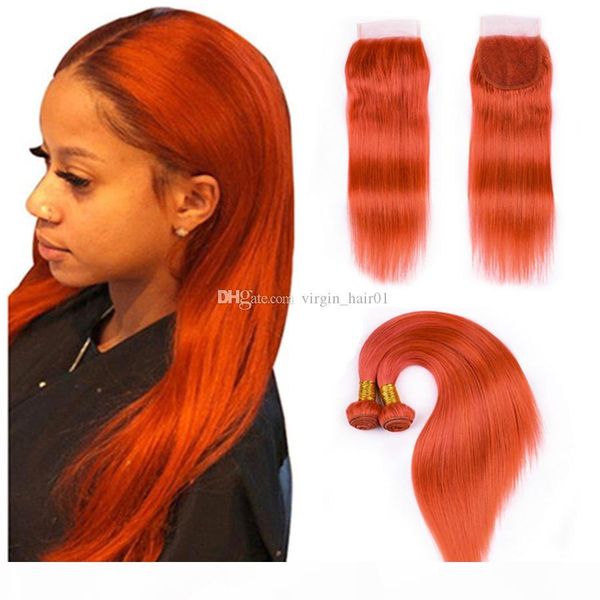 

перуанский virgin человеческий волос 3 связки с кружевом закрытие оранжевый прямой ткет волос с 4x4 free средний три части шнурка закрытие, Black;brown