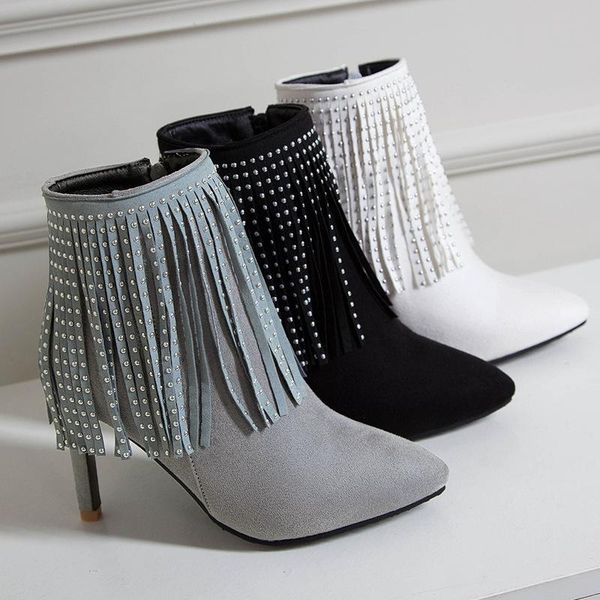

2020 autumn winter new party women's shoes fringed beaded nubuck leather women's boots ladies elegant high heel ankle boots, Black