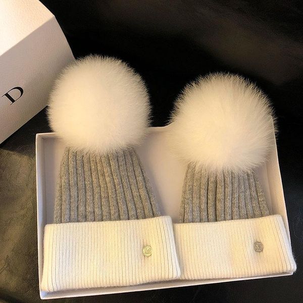 

beanie/skull caps parent-child cap winter fur pompom hat for women knit beanie real raccoon pom wool hats, Blue;gray
