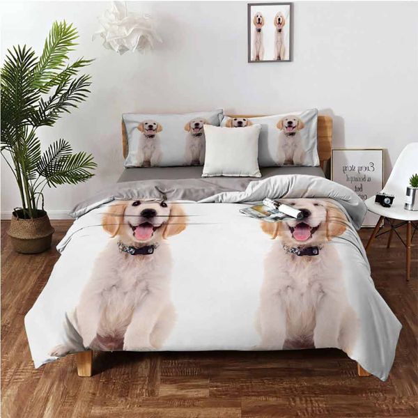 

two emotional poses of a young panting domestic puppy happy and playfulbedding 3-piece set