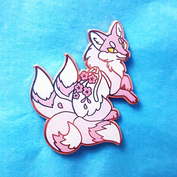 

charm four tailed flower fox hard enamel pin cute cartoon plant pastel sakura brooch japanese unique fashion kitsunes badge, Gray