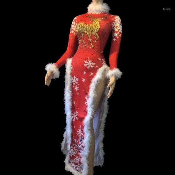 

famale chinese style red long sleeves cheongsam rhinestone golden deer women's bodycon performance costumes women party clothes1, Black;red