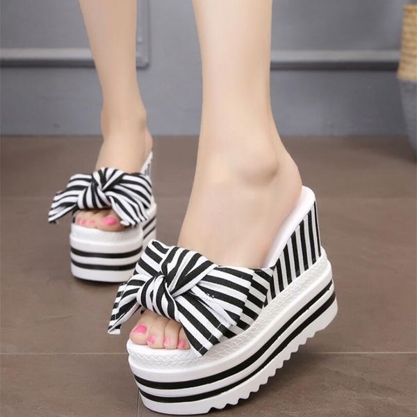 

sweet bows women sandals wedges body increases 11cm slippers summer high heels lady casual peep toe sandalias holiday beach shoe y200702, Black