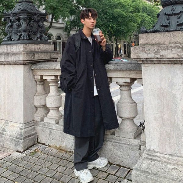 

spring autumn middle and long windbreaker for male students, Tan;black