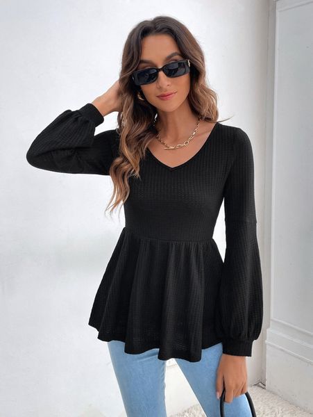 

bishop sleeve peplum hem waffle knit tee 43ds#, White