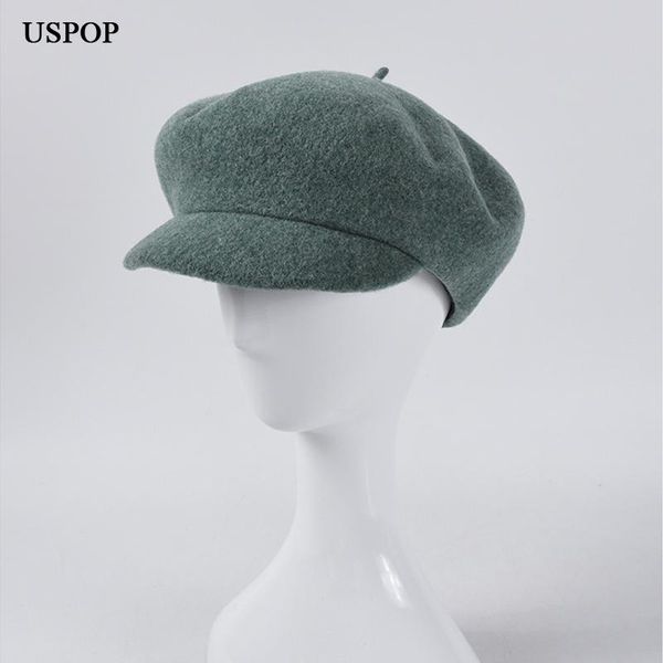 

stingy brim hats uspop women wool winter octagonal classic solid caps british vintage visor thick warm pure color berets, Blue;gray