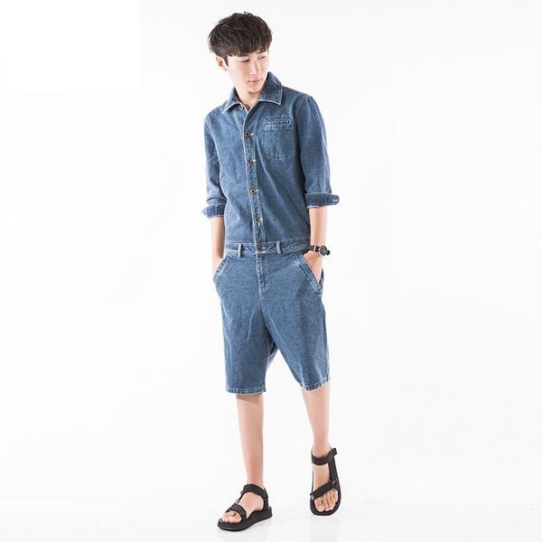 

2020 new men's denim overalls men casual jeans jumpsuits for men with shorts sleeve denim overalls brown and blue1, Blue