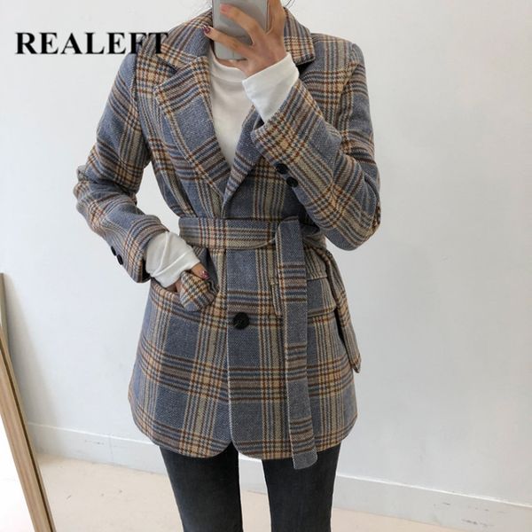 

realeft new 2020 autumn winter woolen warm women's jacket sashes plaid coats pocket single breasted long sleeve female outwear lj201106, Black