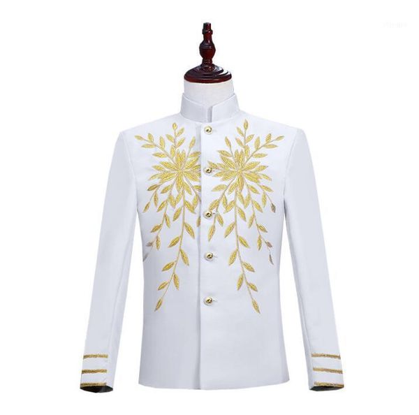 

embroidery clothes men suits designs homme terno stage costumes singers jacket men blazer dance star style stand collar white1, White;black