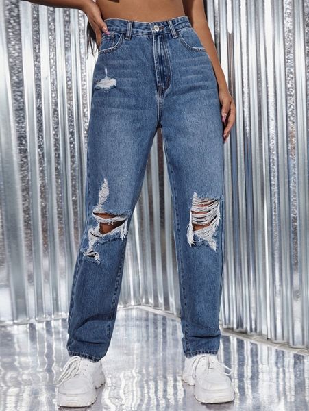 

ripped detail straight leg jeans h5sz#, Blue