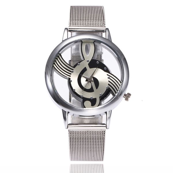 

new brand fashion hollow music note notation watch stainless steel quartz wrist watch for men women silver mesh watches
