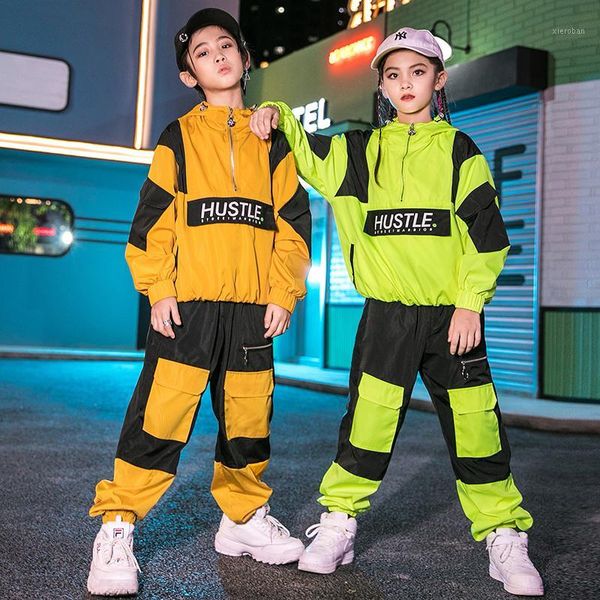 

children jazz dance costumes kids hip hop clothing street hoodies for boys girl ballroom dance performance neon green stage wear1, Black;red