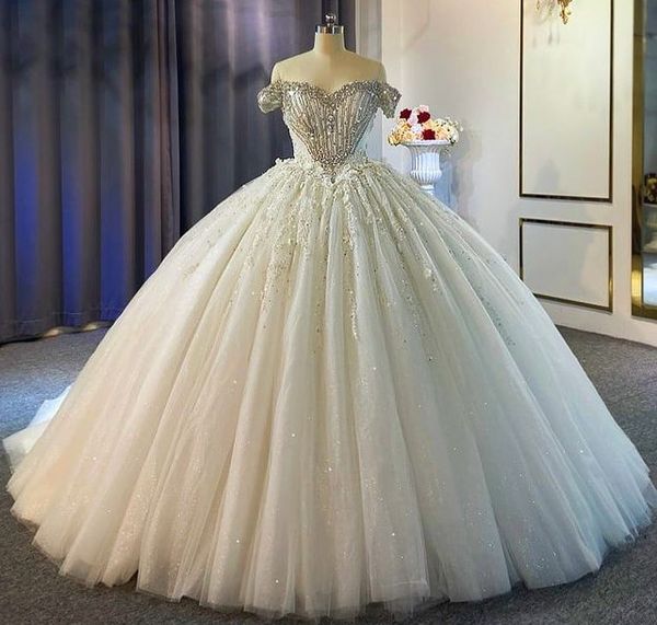 2022 Plus Größe Arabisch Aso Ebi Luxuriöse Perlen Kristalle Hochzeit Kleid Schatz Spitze Sexy Brautkleider Kleider ZJ620