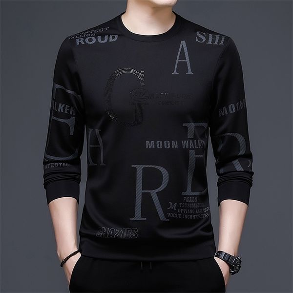 

browon sprign autumn black t shirt men long sleeve o-neck collar fashion trend letter print slim t-shirt for street wear 220304, White;black