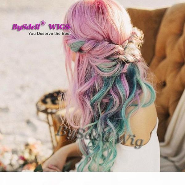 

painted pastel rainbow color wig long deep curly wave beauty ombre pink purple dark green color anime cosplay party wig, Black