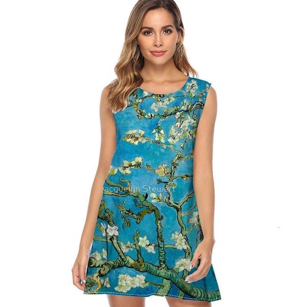 

van gogh almond blossom summer dress shirt 2021 sleeveless o neck vintage beach party dress casual loose women mini dress, Black;gray