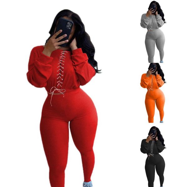 

women 2 piece outfits casual long sleeve solid color lace up crop + high waist pants sport female skinny set, Gray
