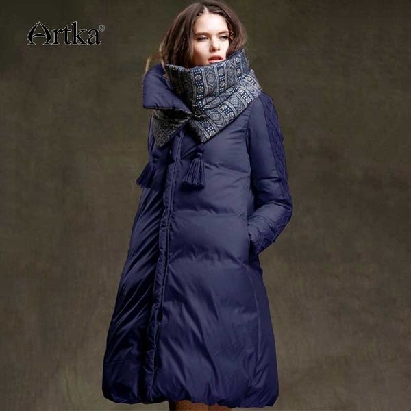 

artka winter jacket women 90% duck down coat warm parka female long down jacket quilted coat with removable scarf zk15357d 201125, Black