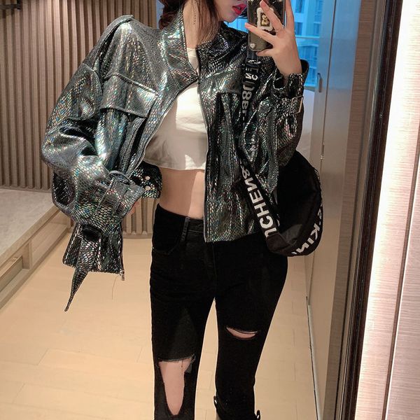 

2021 new winter short patent leather female korean high street women outerwear pu biker jacket spring warm ladies fashion 1uii, Black