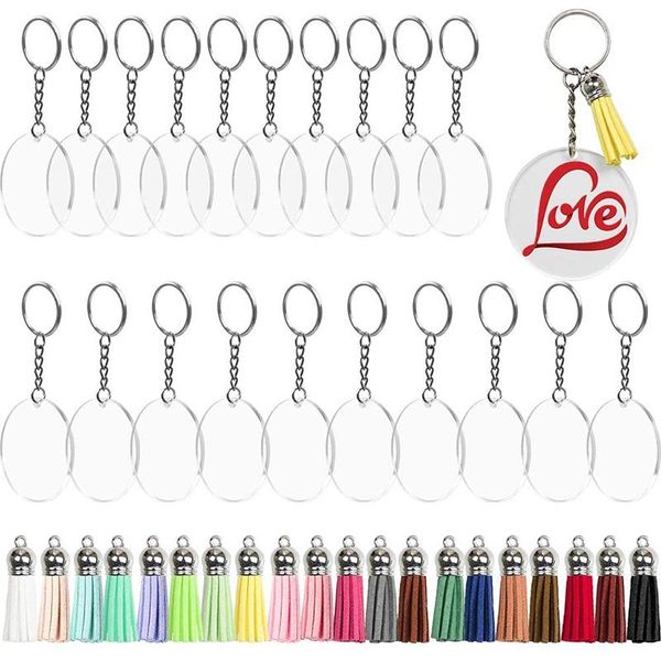

80pcs transparent acrylic transparent circular disc key chain circular acrylic key chain, blank chain tassel, Silver