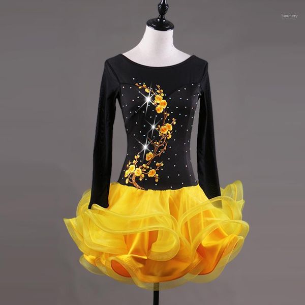 

yellow swing latin dance dress women embroidery ballroom tango rumba samba dance dress female performance clothing new1, Black;red