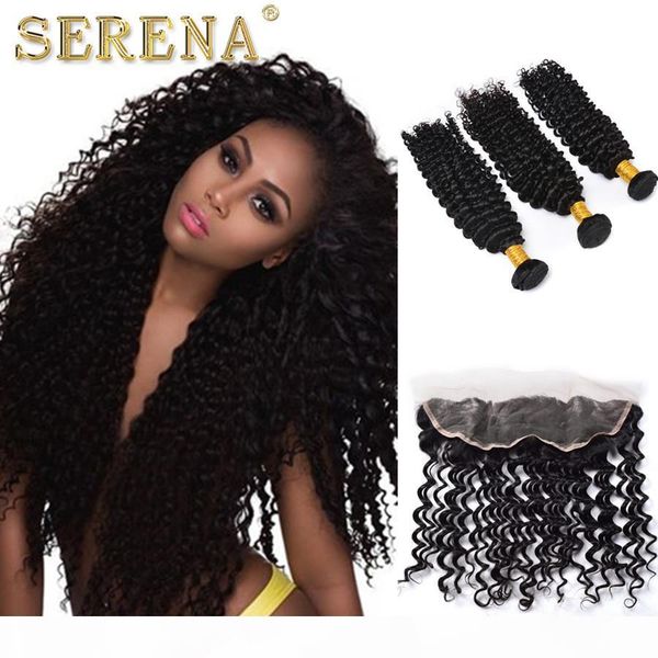 

7a indian deep curly hair with lace frontal closure 4pcs lot ear to ear lace frontal wet and wavy and human hair bundles, Black;brown