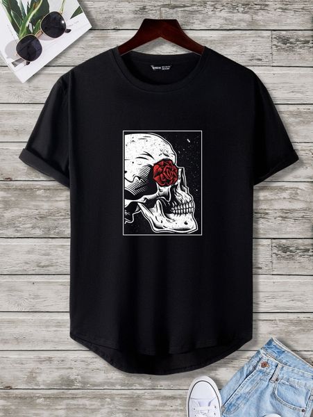 

men rose & skull print high low tee w5db#, White;black