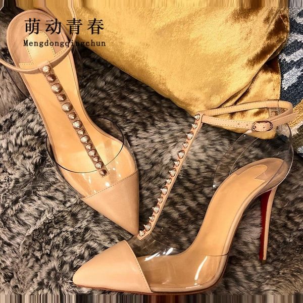 

2019 new women pumps fashion rivet mix color t-strap thin heels clear pvc ankle strap summer dress stiletto women pumps t200525, Black