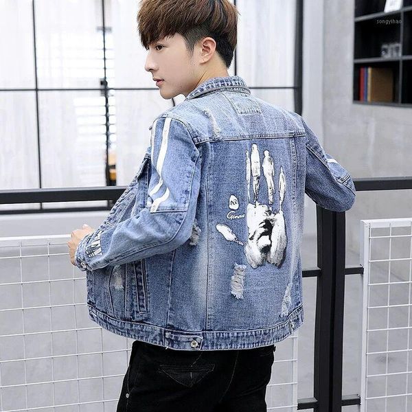 

harajuku hand print hole chaqueta hombre streetwear jeans jacket men lapel solid hip hop windbreaker denim bomber jacket loose1, Black;brown