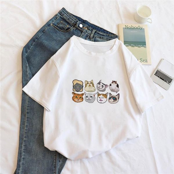 

womens t shirt cartoon cat short sleeve casual printing ulzzang clothes kawaii harajuku retro womens t shirt, White