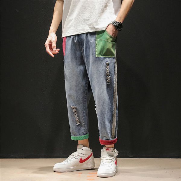 

men's fashion torn high street jeans drawstring ankle length denim elastic multicolored sweatpants x6ly, Black