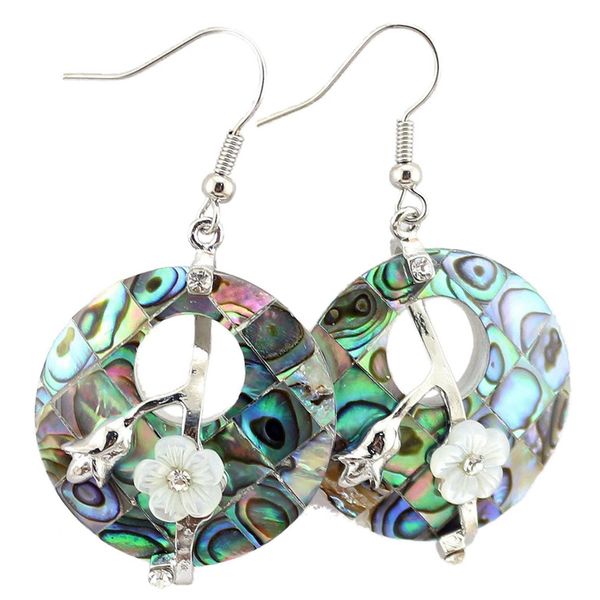 

new-zealand natural abalone shell dangle earrings round hollow marquetry plum blossom flower women earring fashion charm healing jewelry, Silver