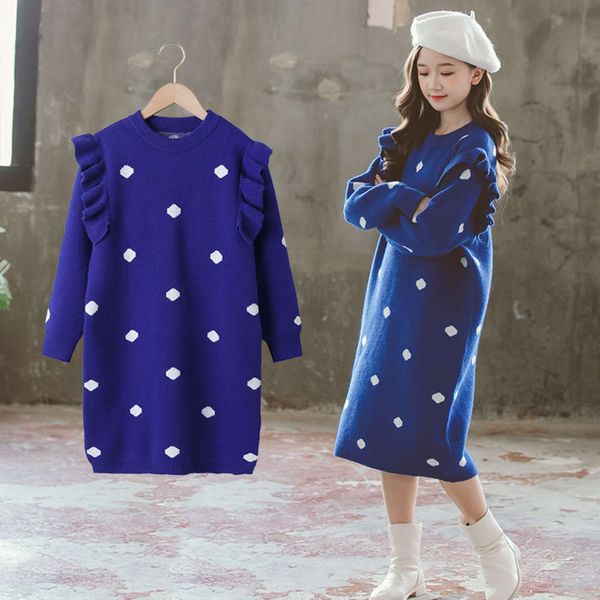 

woolen autumn winter girls' 2021 new children's korean knitted drs dot thickened medium length sweater, Blue