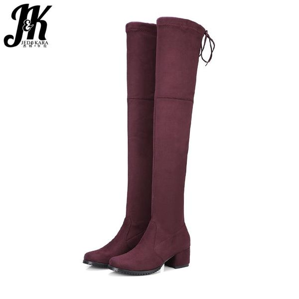 

boots jk big size 34-43 trend lady stretch thigh high boot chunky heel lace over knee women shoes female long, Black