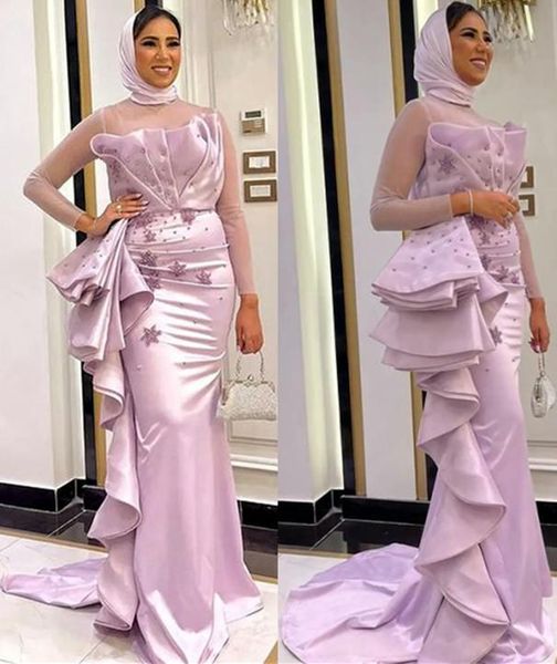 Lavendel Flieder Muslimische Abendkleider 2022 Rüschenrock Langarm Spitze Perlen Satin Hijab Kaftan Abschlussball Empfangskleid
