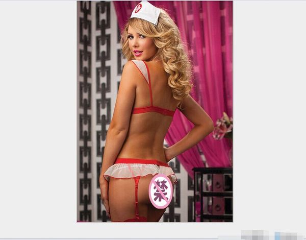 

foreign trade original single european and american large size underwear perspective mesh three point nurses uniform seduction suit, Red;black