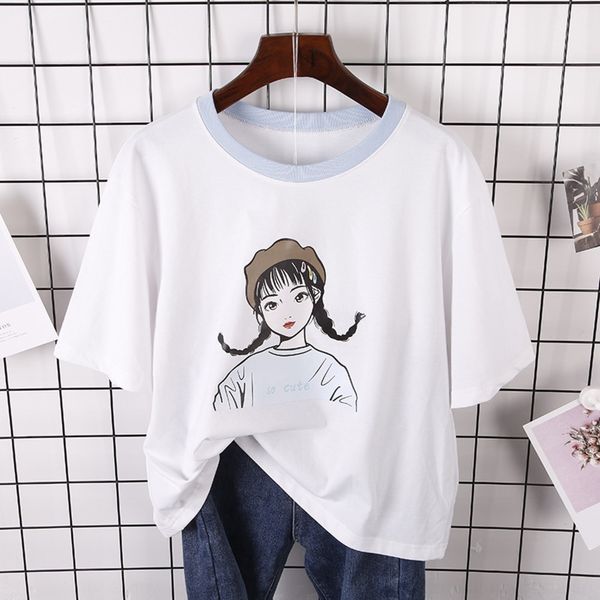 

l0jy4 spring and summer new korean t-shirt loose trendy women's loose cotton short sleeve t-shirt style women's ins printed intern, Blue