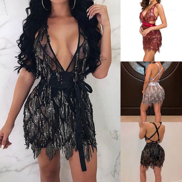 

fashion women deep v-neck backless hollow out dress elegant sequin sling sheath bodycon club party mini dresses vestidos#g31, White;black